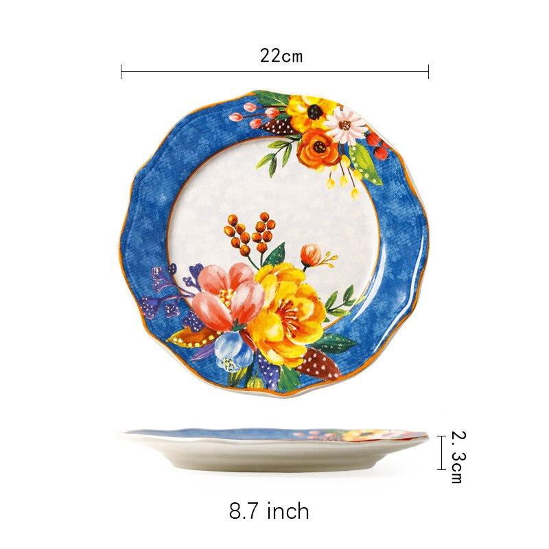 Blommig keramisk mattallrik blomform tallrik set guldinläggningsfat och tallrikar för hemmet servisset servis som serverar retro: Blå