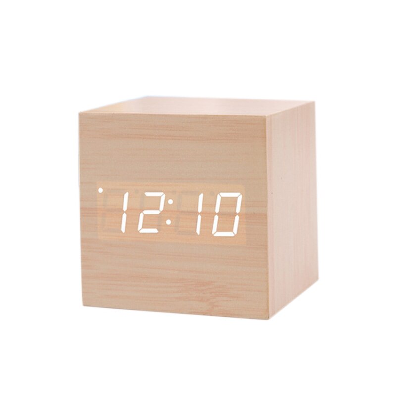 Square Desktop Table Digital Thermometer Clock Cube LED Wood Alarm Clock Sound Control