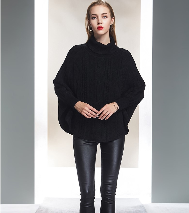 Style Turtleneck Cape Twist Cape Sweater European and American Bat Sleeve Loose Large Turtleneck Sweater Women: Black