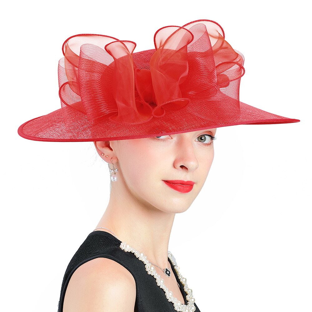 Bredskygget hat kvinder fedoras linned rød bund hatte fascinator sommer kasket blomsterdekoration udendørs dame hatte