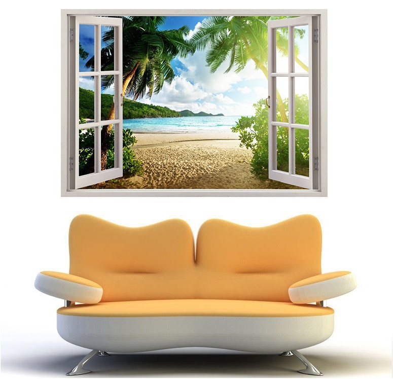 3D Window Stickers Seaside Palm Wall Decal Art Removable Wallpaper Mural Sticker Vinyl Home Decor