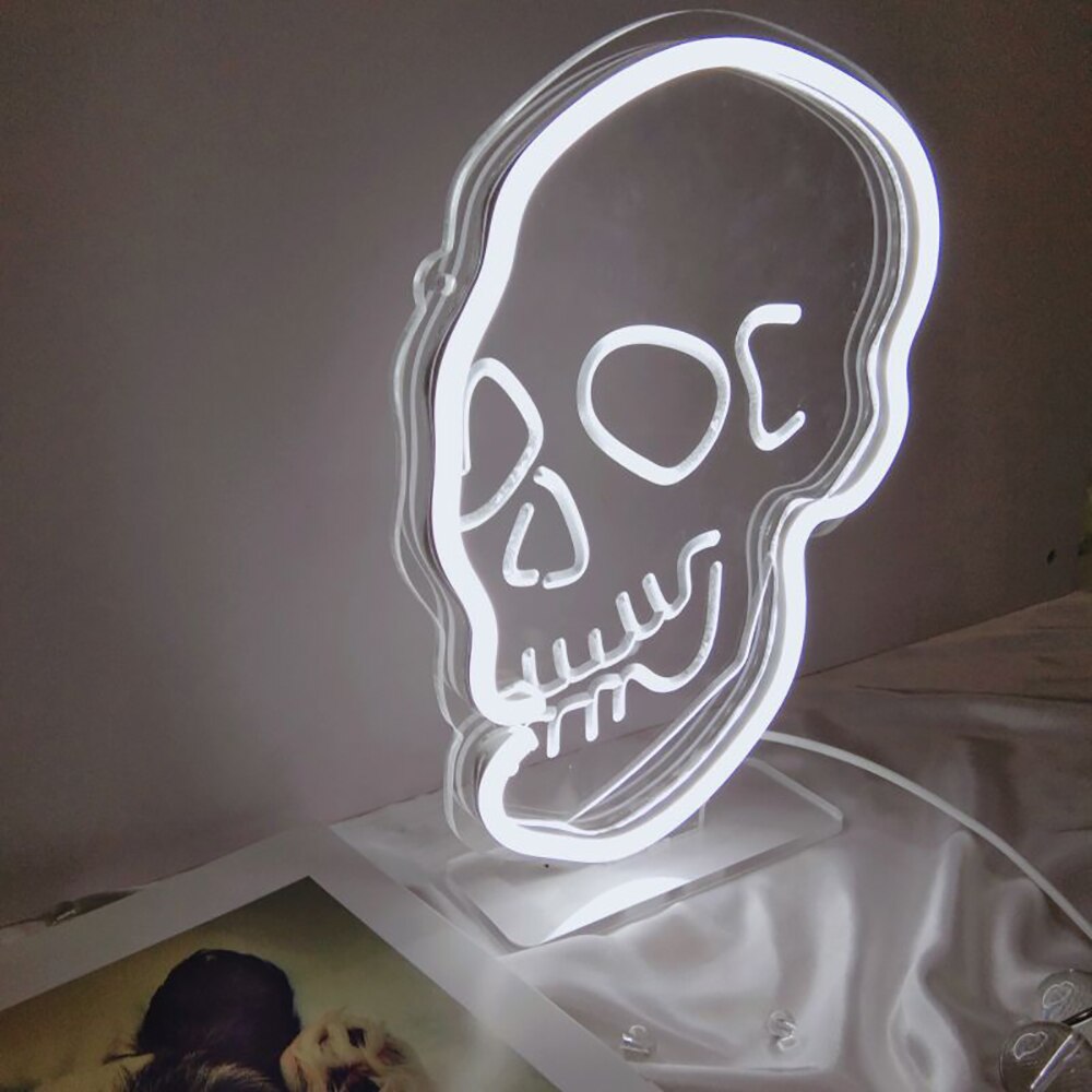 Skull Neon Sign 3D Art USB White Dimmable Switch Neon Sign with Stand Base for Living Room Shop Bar Sign Halloween Decoration