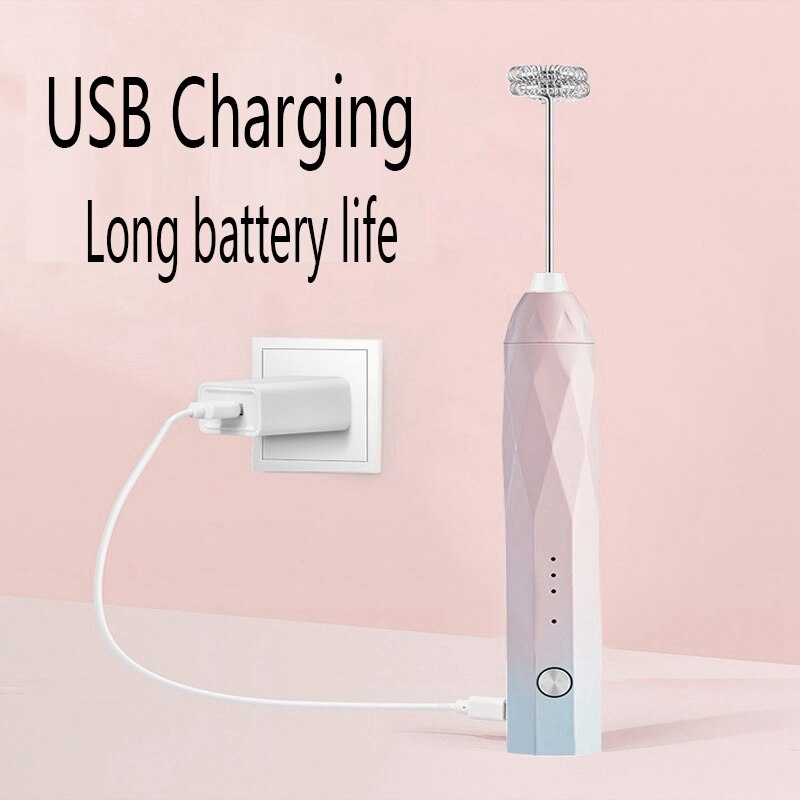Electric Handheld Milk Frother Electric Whisk USB Charging Bubble Maker for Coffee Cappuccino and Cake Blue pink