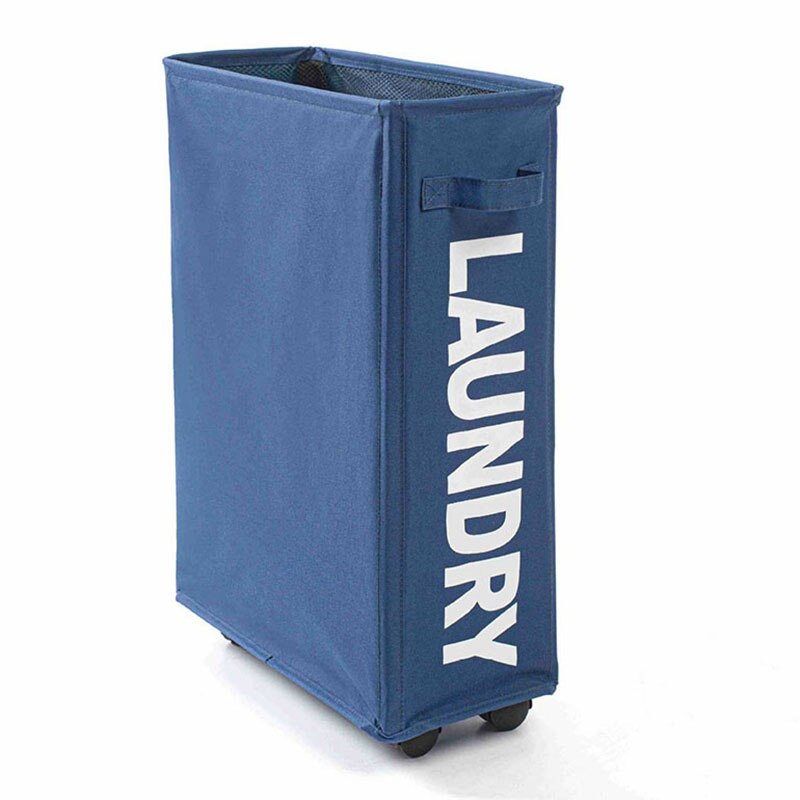 Slim Laundry Basket with Handle on Wheels Black Gray Beige Foldable Corner Storage Bins Waterproof Rolling Dirty Clothes Hamper: Navy