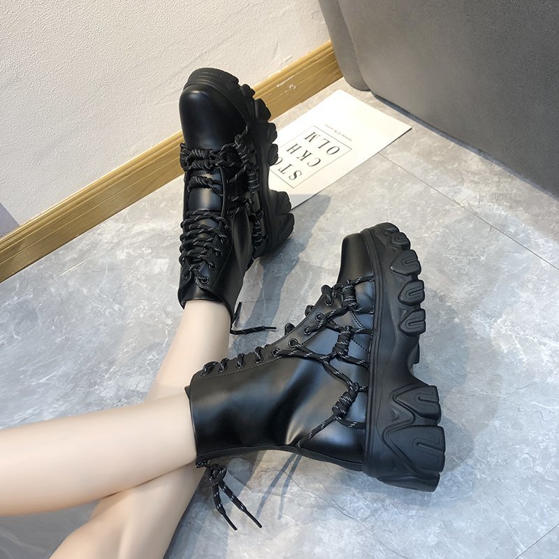 Black Punk Style Platform Women Ankle Boots Cross Strap Chunky Heels Boots Woman Waterproof Pu Leather Shoes