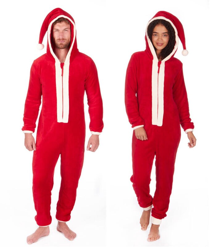 unisexe adulte rouge en peluche fermeture éclair manches longues vêtements de noël père noël à capuche combinaison Pyjamas deux Styles M-3XL