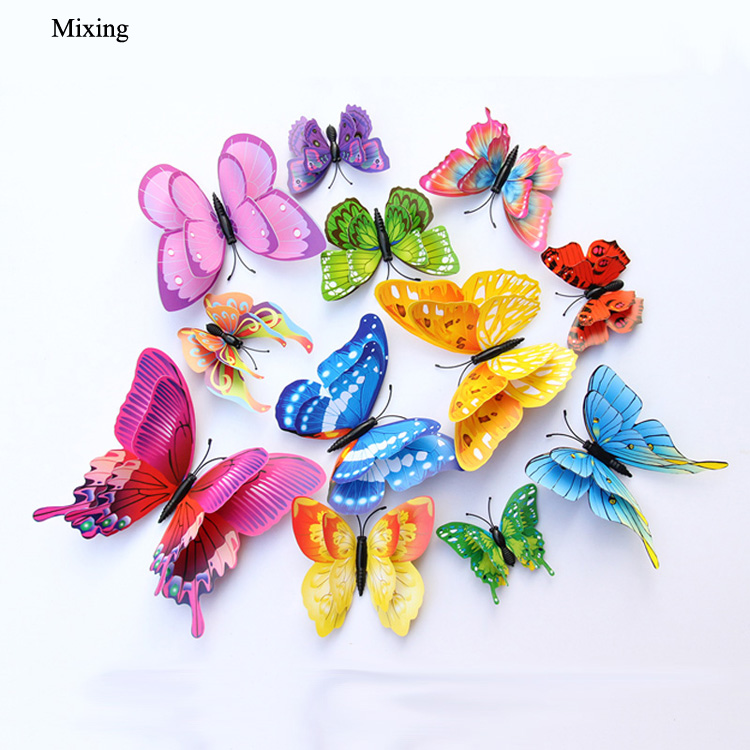 12Pcs Dubbele Laag 3D Vlinder Muur Sticker Op De Muur Home Decor Vlinders Voor Decoratie Magneet Koelkast Stickers: Color mixing