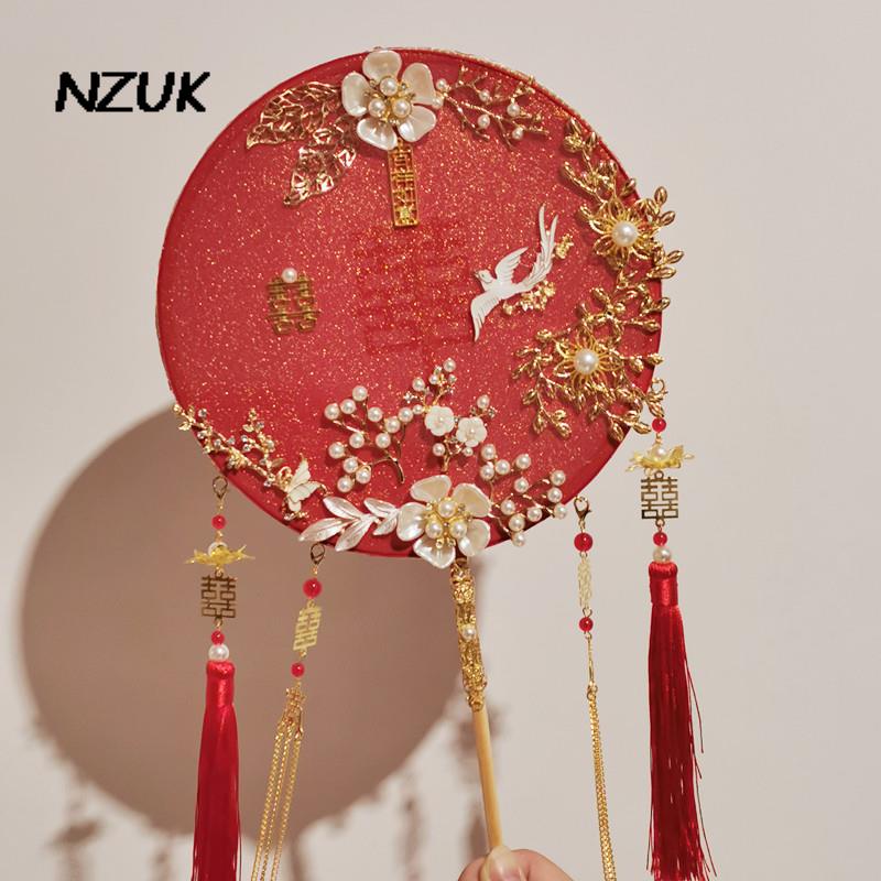 NZUK Red Chinese Wedding Fan Bouquet Ancient Style Handmade Classical Group Fan Traditional Bridal Hand-held Fan