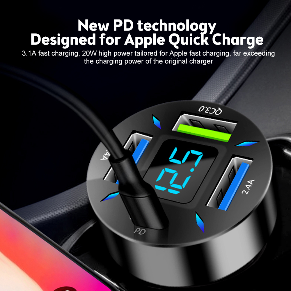 66 W Auto Volt Meter 4 Poorten USB Autolader Snel Opladen PD Quick Charge 3.0 USB C Auto telefoon Oplader Adapter Voor Telefoon Voltmeter