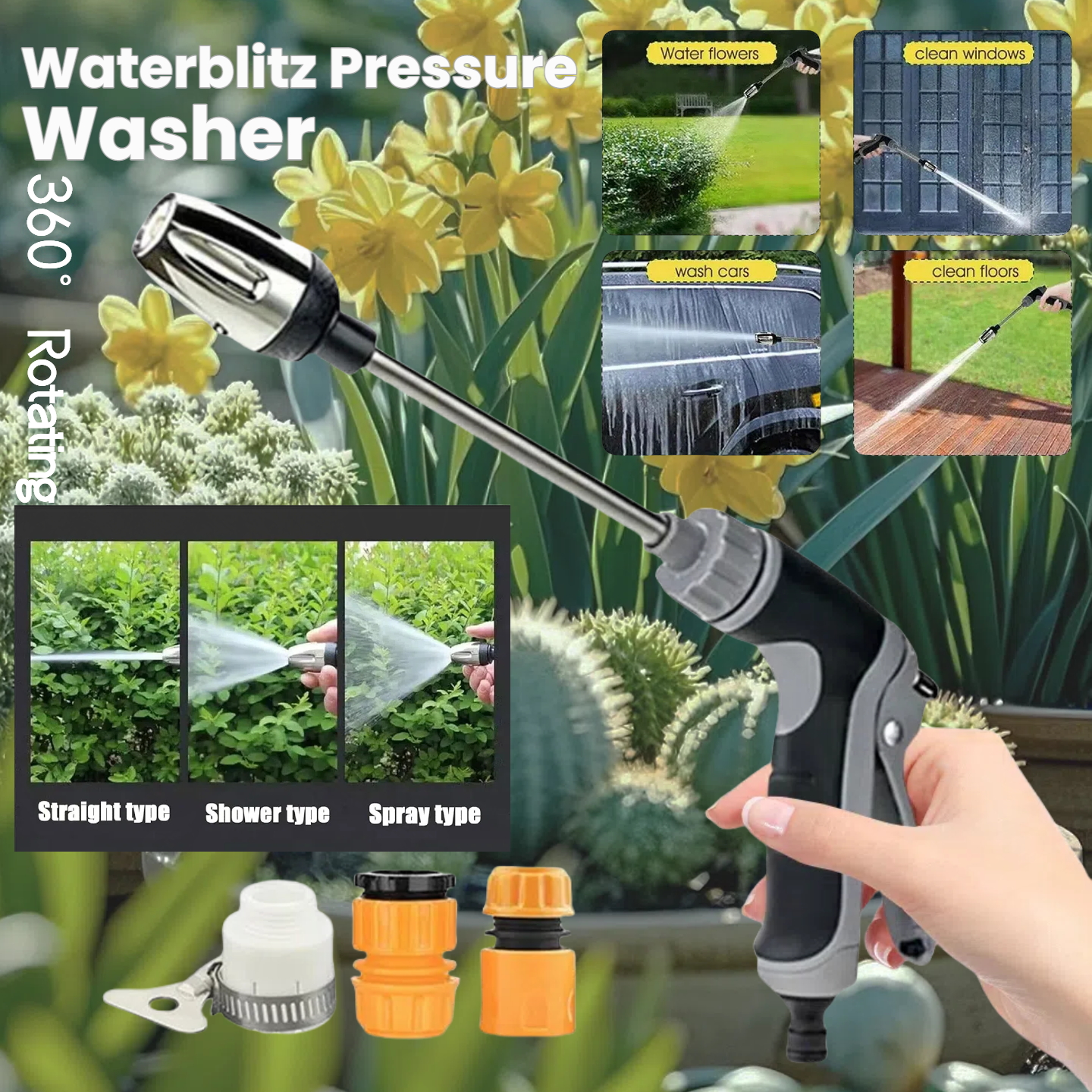 Lavadora elétrica de pressão para mangueira de jardim com 360 ° Pistola de lavadora de pressão turbowasher de alta pressão rotativa Waterblitz para limpeza de carro