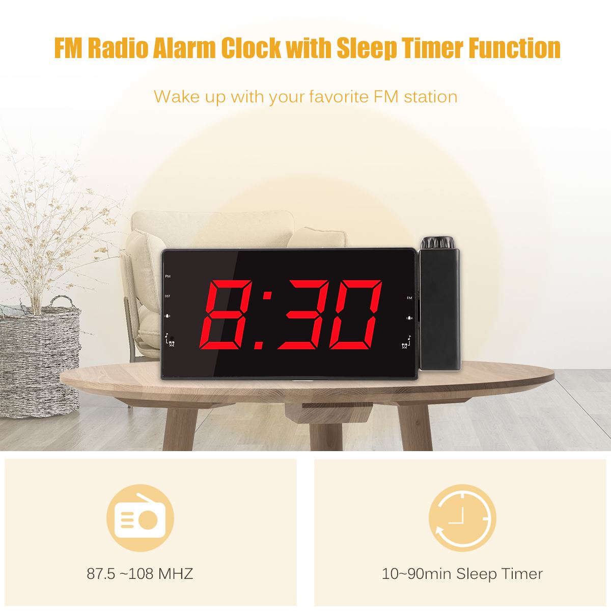Usb projektionsväckarklocka led display tid digital väckarklocka med roterbar projektor dubbelt larm fm radio snooze funktion