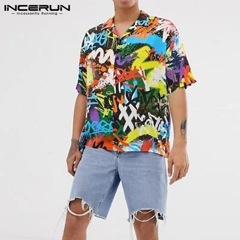 Incerun sommer skjorter med print til mænd kortærmede løs reversskjorte afslappet åndbar camisa mænd hawaiianske skjorter s -3xl