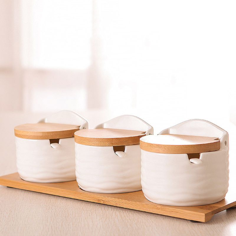 1PC zucker schüssel mit deckel löffel holz würze Krug küche Werkzeug salz lagerung Kasten