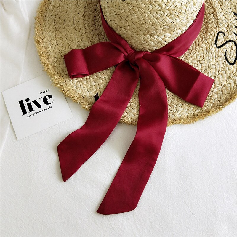 Solid Color Small Neckerchiefs Women Long Ribbon Hairband Satin Silk Scarf Lady Belt Tie Handbag Ribbons Hair Scarves: Wine Red