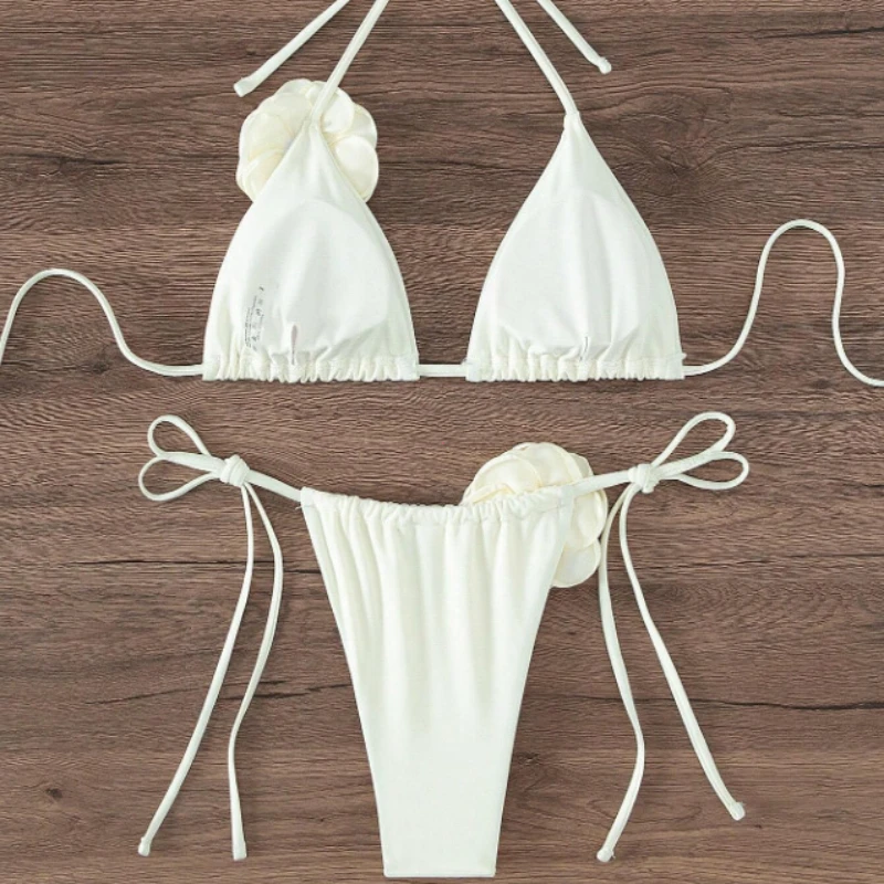S - L Sexy 3D flores Halter Bikini con tiras mujeres traje de baño traje de baño femenino conjunto de Bikini de dos piezas bañista traje de baño nadar