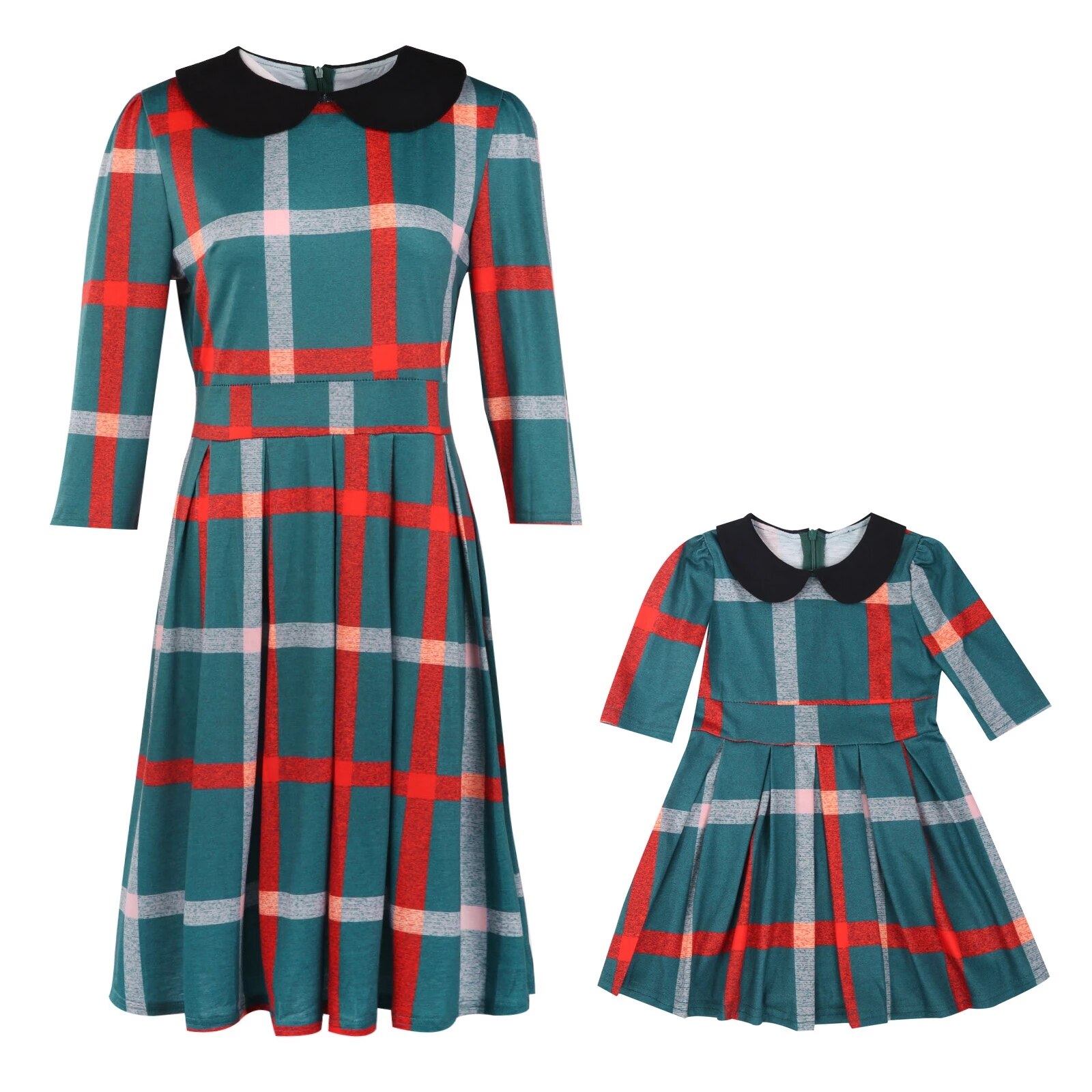 2022 Mommy And Daughter High Waisted Green Plaid O-Neck Plaid Outfits Spring Family Matching Dresses Look Festival Dress: Mom M