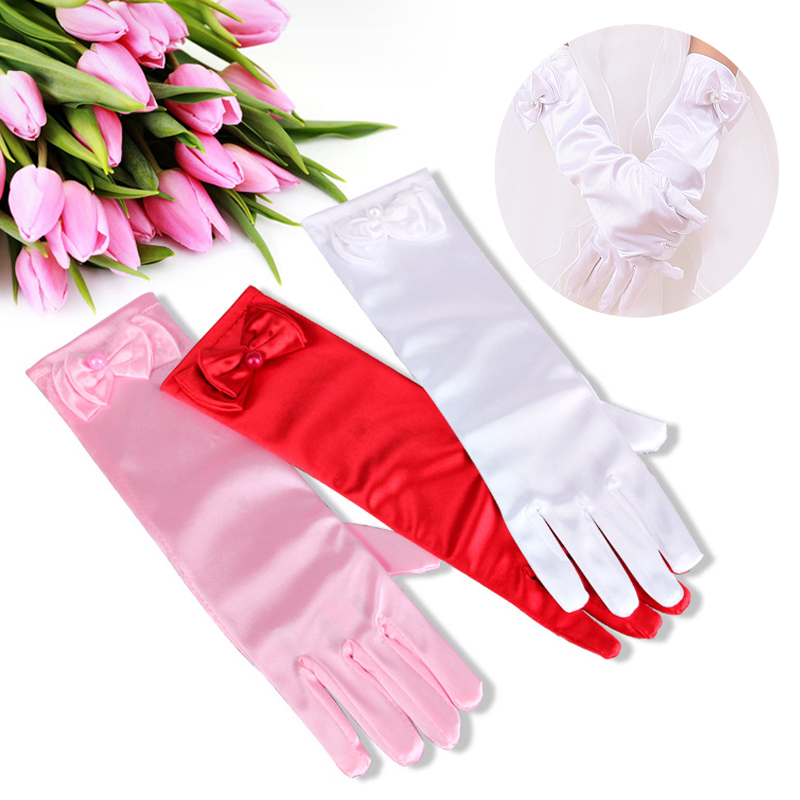 Gilrs lange satin handsker solbeskyttelse aften fest stretch blomst pige søde kjole tilbehør ceremonielle bowknot perle handsker