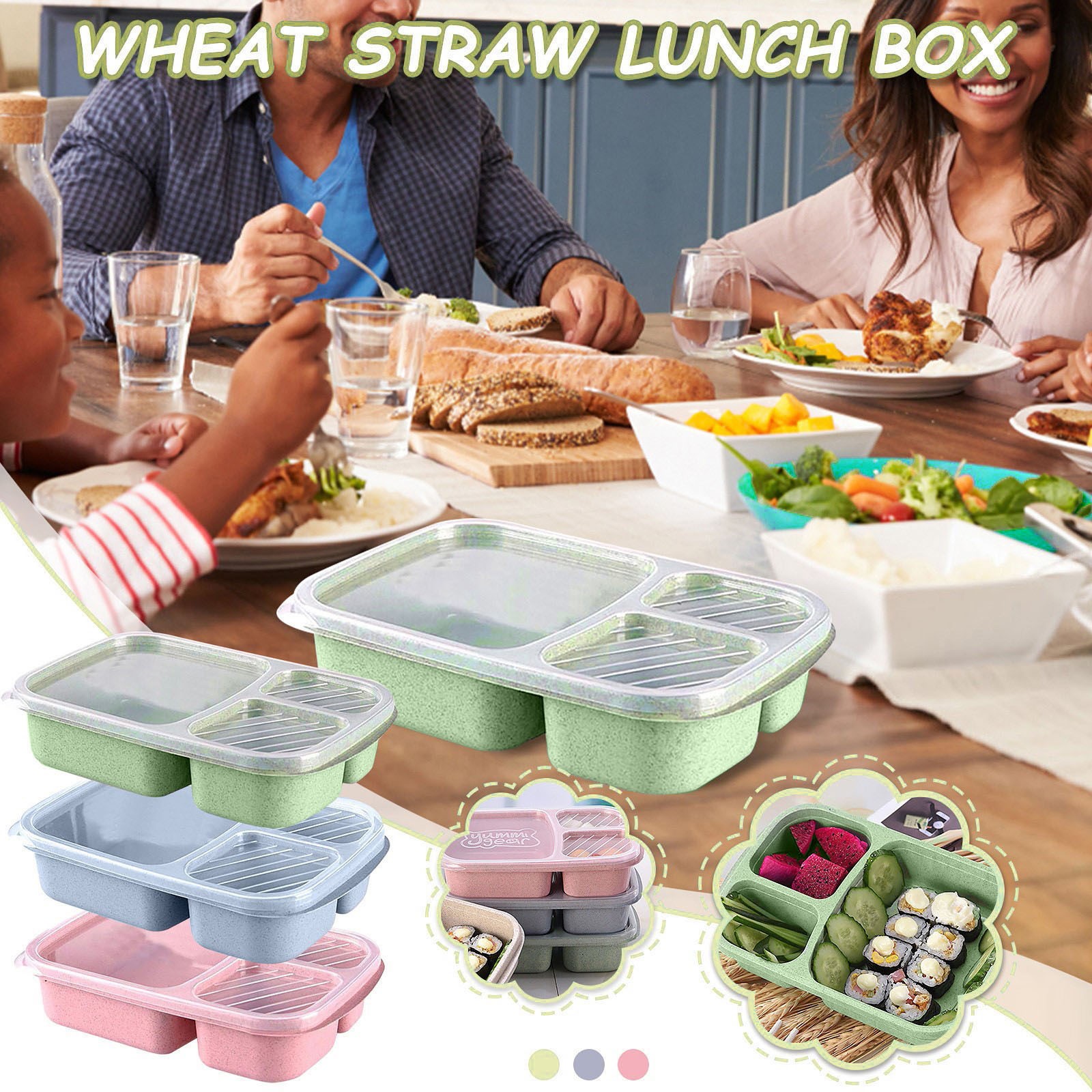 Bento scatola riutilizzabile Conservazione dei pasti Preparazione degli alimenti pranzo scatola Contenitori per alimenti divisi a 3 scomparti Lunchbox domestico