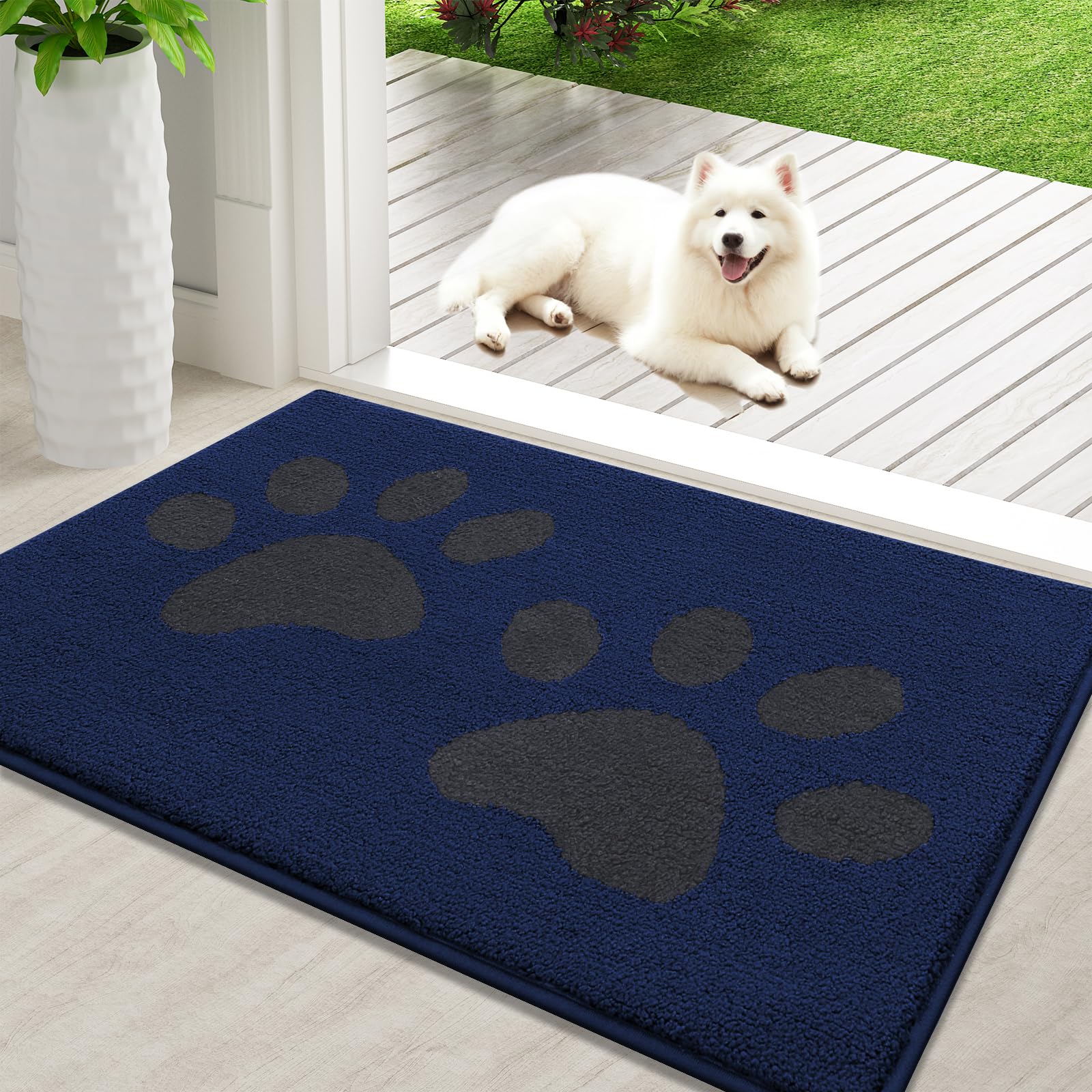 Hapihappy-alfombrilla para puerta de entrada para perro, absorbente, resistente a la suciedad, lavable, para puerta delantera y trasera, antideslizante, duradera para el hogar: 400mm x 400mm / Azul