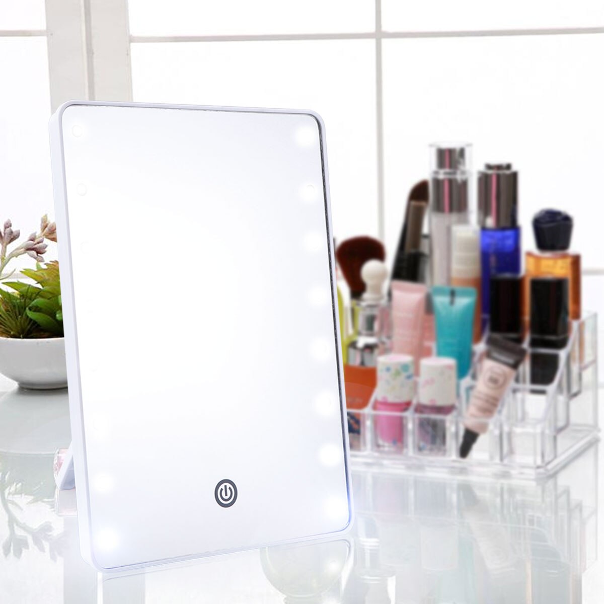 Makeup Mirror with 16 LEDs Cosmetic Mirror with Touch Dimmer Switch Battery Operated Vanity Mirror with Stand for Bathroom A35