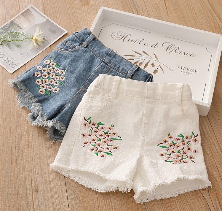 Zomer baby meisjes denim shorts koreaanse bloemen borduurwerk meisjes jeans maat 3 4 5 6 7 8 t peuter kinderen elastische taille shorts