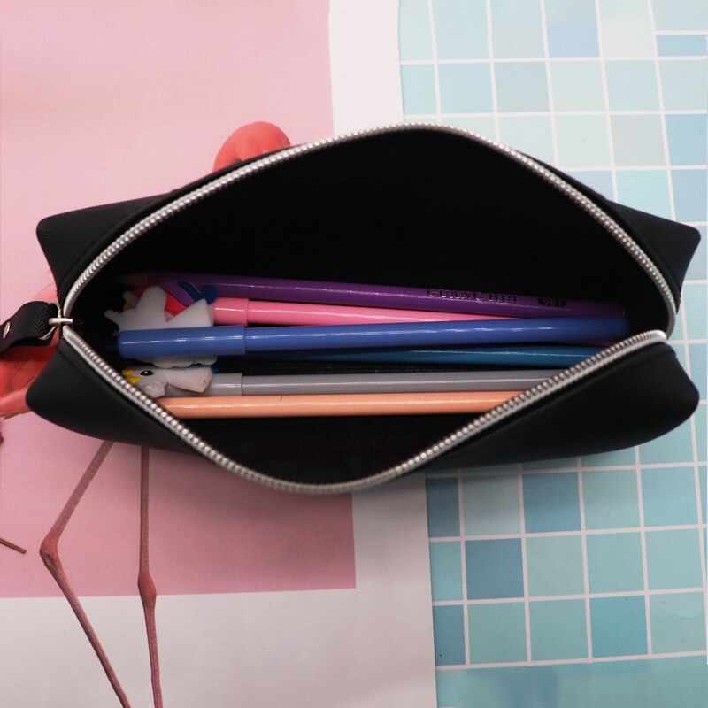 Estojo escolar de couro preto para meninas, estojo grande de lápis, material escolar, bolsa de armazenamento de papelaria, caixa de canetas