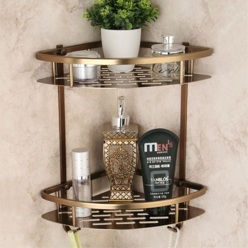 2-Tier Bathroom Shelves Antique Brass Material With Robe Hook Bathroom Storage Basket Wall Mounted Bathroom Corner Shelf 9115F