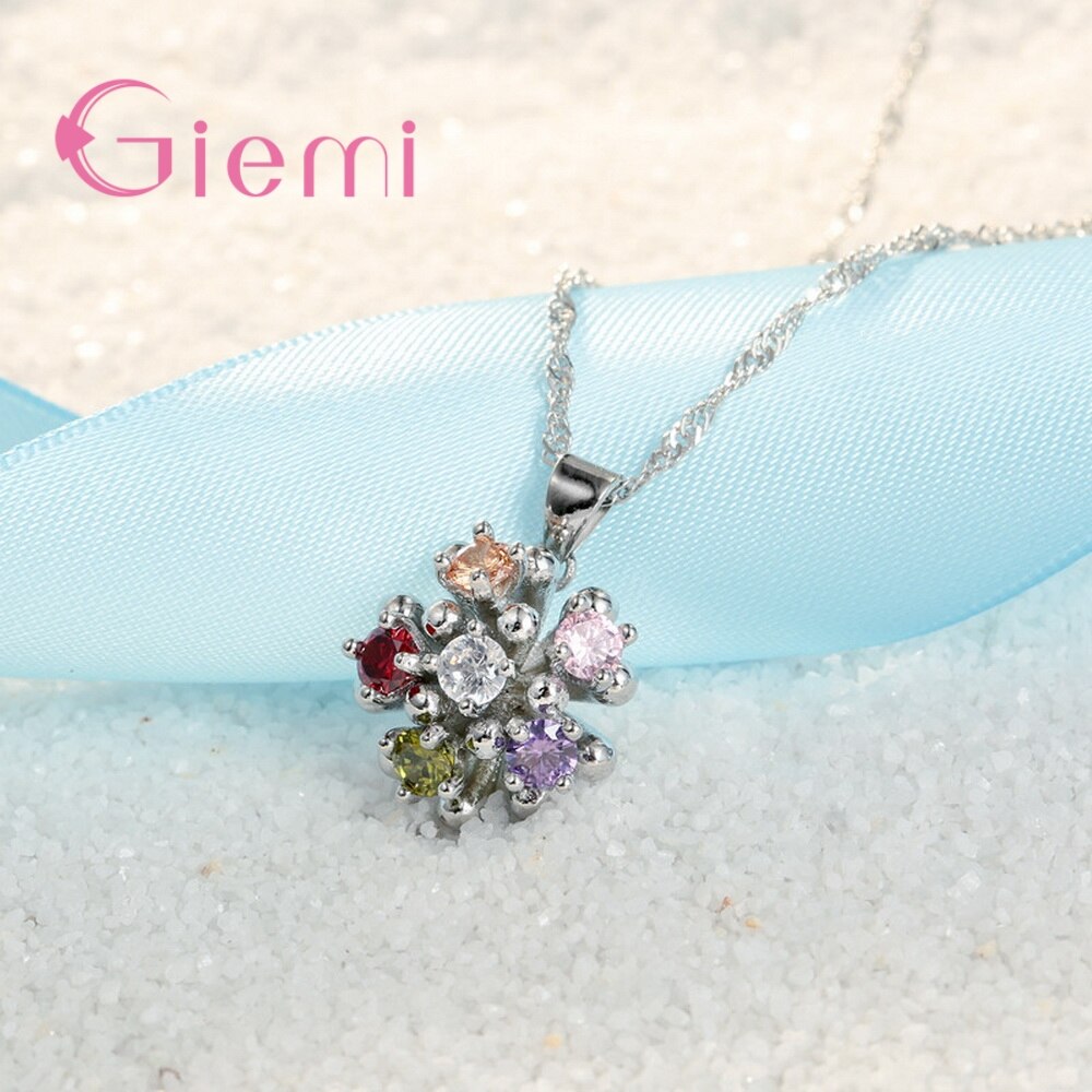 Kleurrijke Cz Zirconia Crystal Bloem Hanger Ketting Oorringen Set 925 Sterling Zilveren Sieraden Set