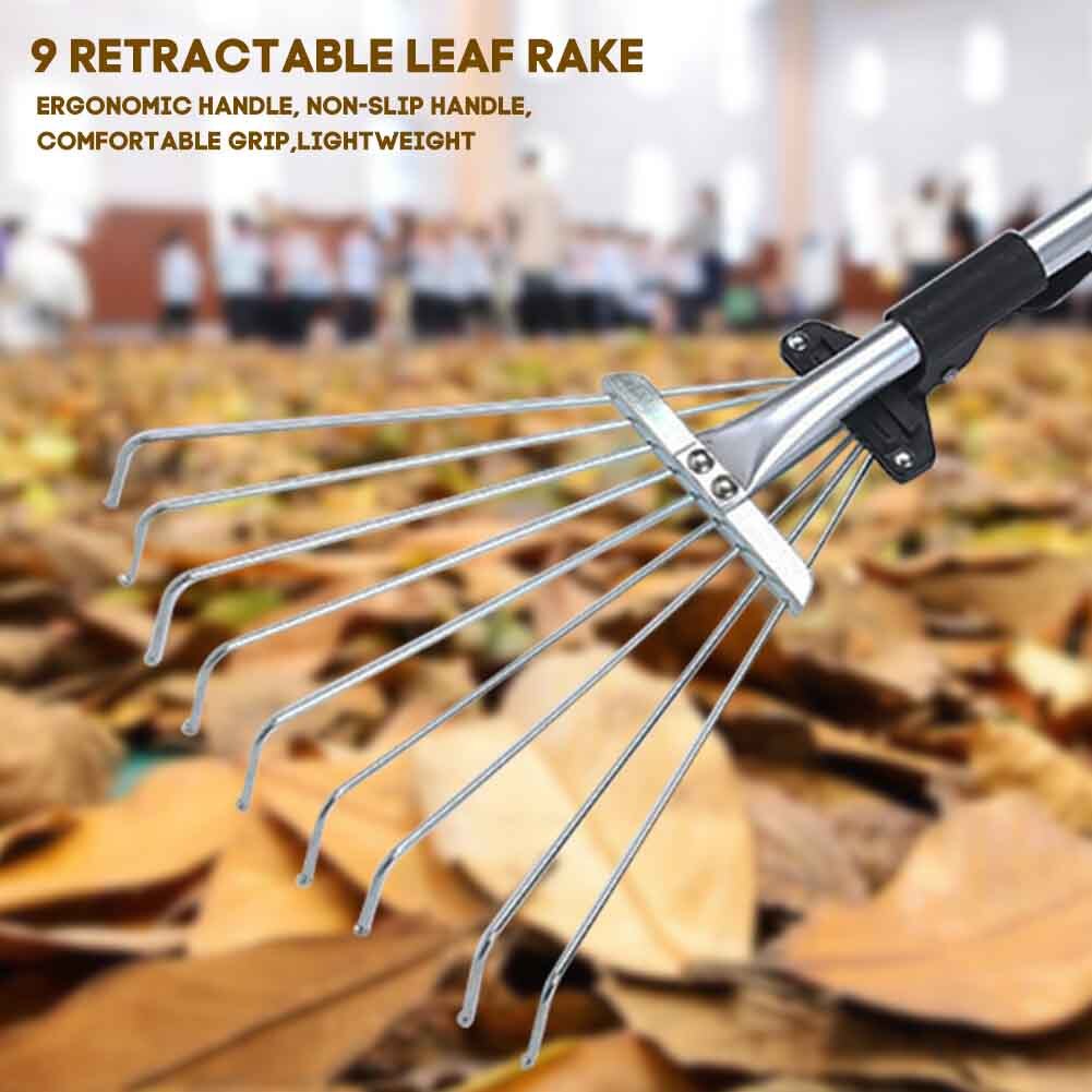 Rastrillo telescópico ligero para jardín, cepillo de hojas portátil de acero inoxidable, 9 dientes, recoger restos sueltos, herramienta de mano, ventilador, escoba
