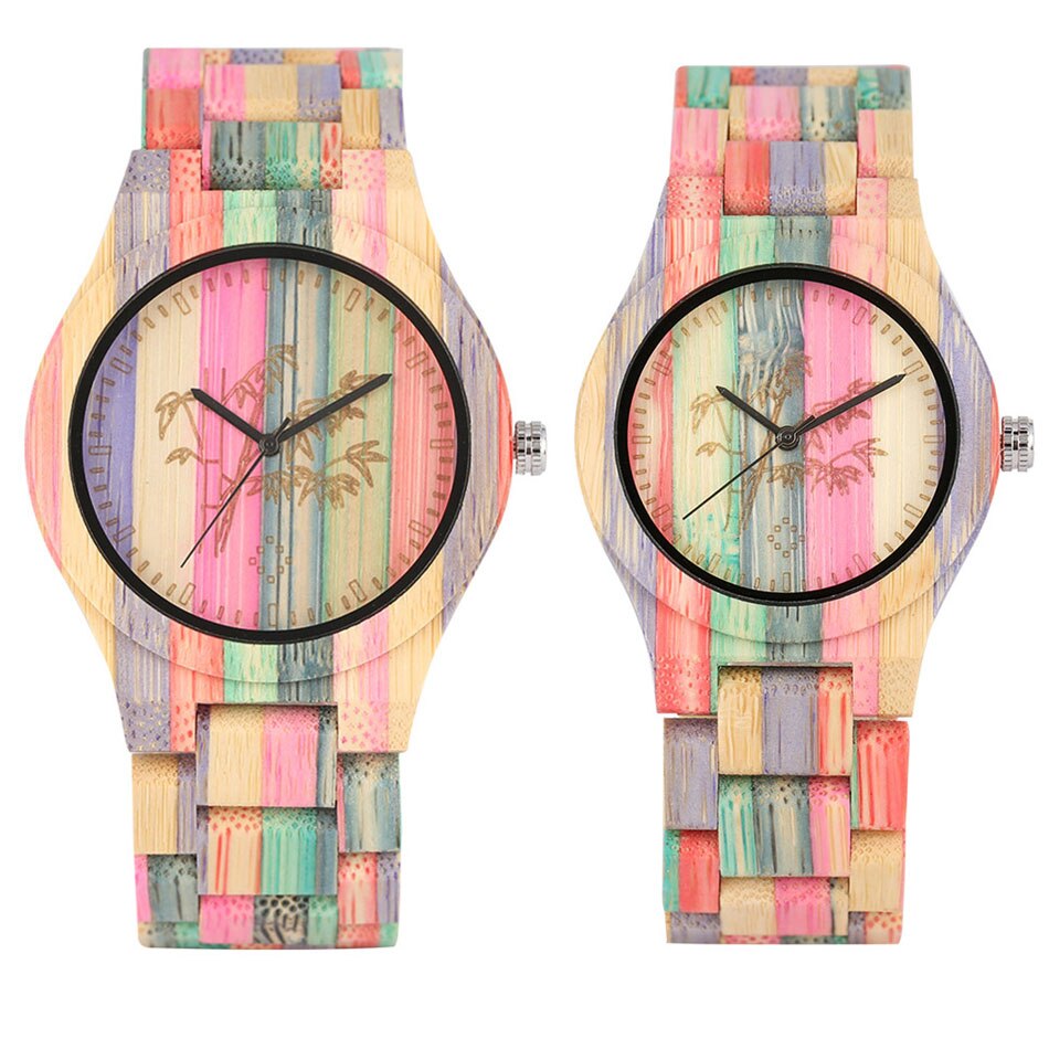 Farverige bambus træ ure kvarts naturlige bambus armbåndsur armbåndsur folde lås elskere ure: Par ur 1
