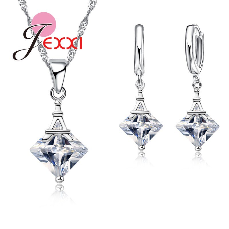 Luxe Eiffeltoren Kubieke Zirkoon Kristallen Sieraden Set Voor Vrouwen Bruiloft Accessoire 925 Sterling Zilveren Sieraden Set