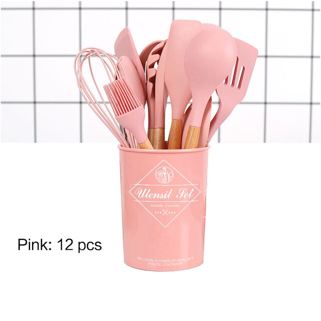 11pcs non-stick spatula kitchen utensils cooking set Multi-color storage barrels wooden handle silicone kitchen utensils: set 1