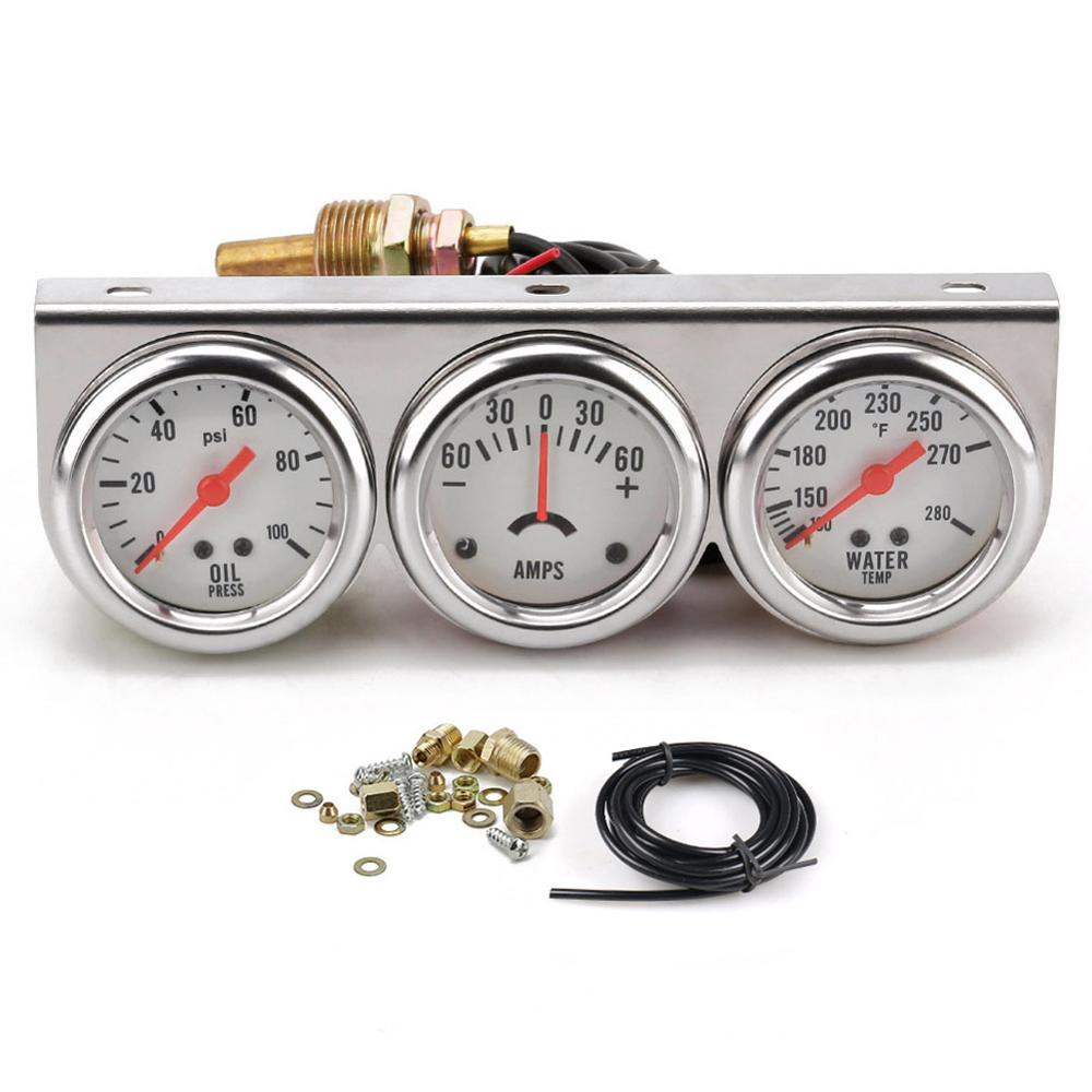 2 inch Chrome Panel Oil Pressure gauge Water Temp gauge Amp Meter Triple Gauge kit Set White Face Car meter