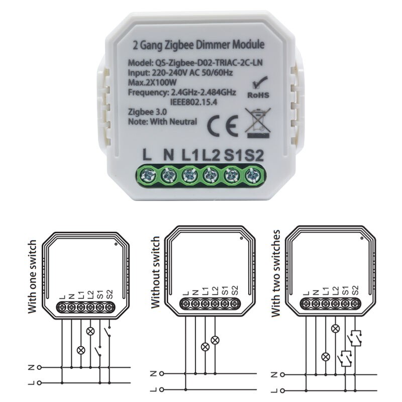 Lonsonho Tuya ZigBee 3.0 Smart Dimmer Switch Module With Neutral 1/2 Gang Wireless Control Switch Relay Works With Alexa Googl