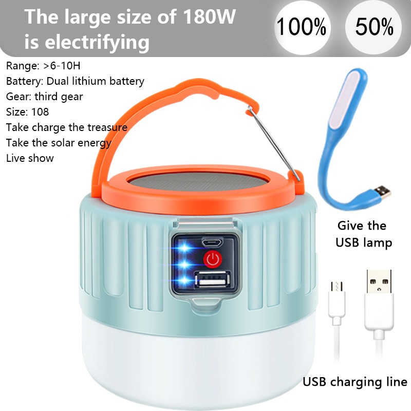Linterna Solar de 280W para tienda, linterna portátil para acampar al aire libre, bombillas de luz LED recargable vía USB, luz de emergencia, luz de noche, USB: 180W Solar Light