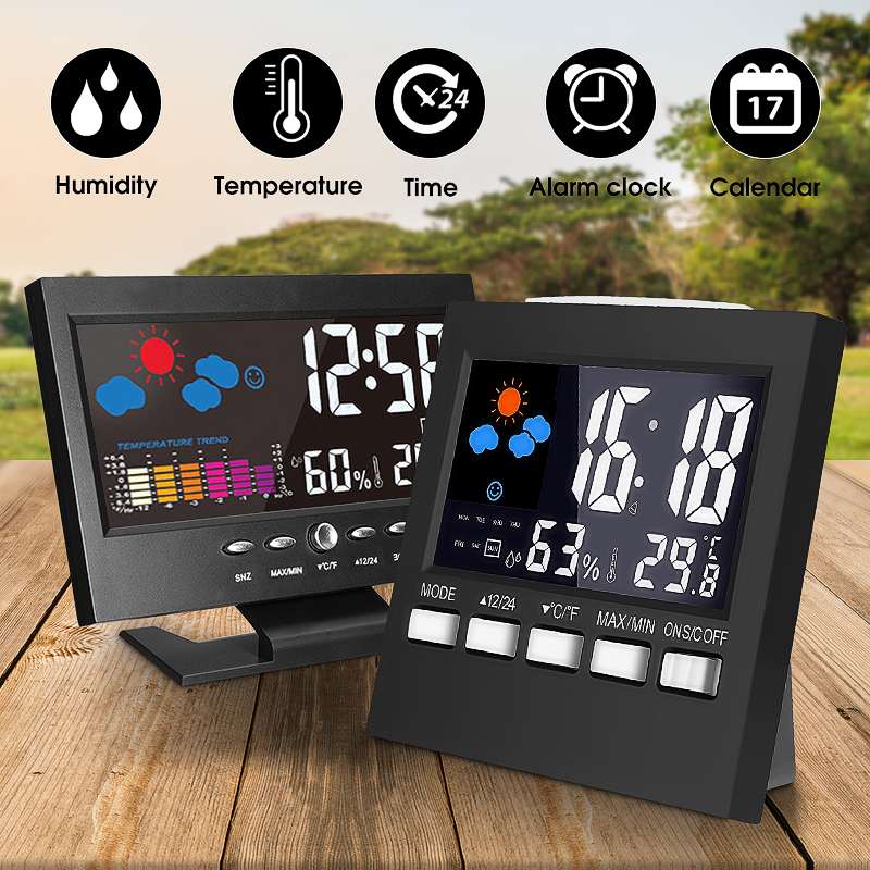 LCD Back Light Desk Clock Indoor Weather Station Alarm Clock Time/Date/Week/Alarm/Temp/Humidity/Weather/Snooze Display