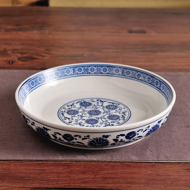 Chinese Flower Blue and White Porcelain Ceramic Plate Restaurant Household Multi-size Antique Salad Plate Deep Dish