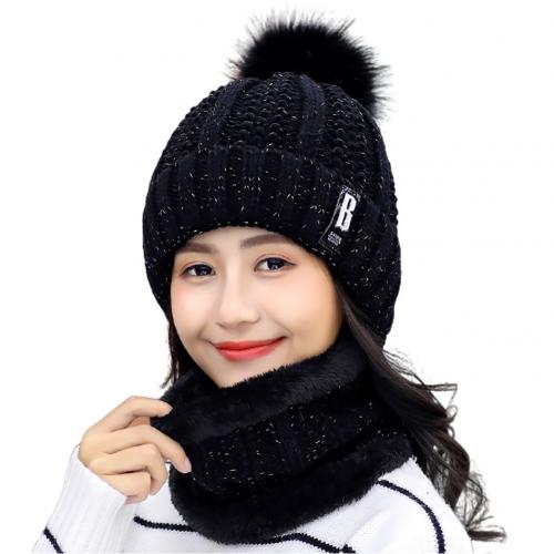 Winter Hats Women Thick Knitted Beanie Hat Plush Neck Gaiter Scarf Outdoor Riding Set Warm Cute Female Cap Soft Set: Black