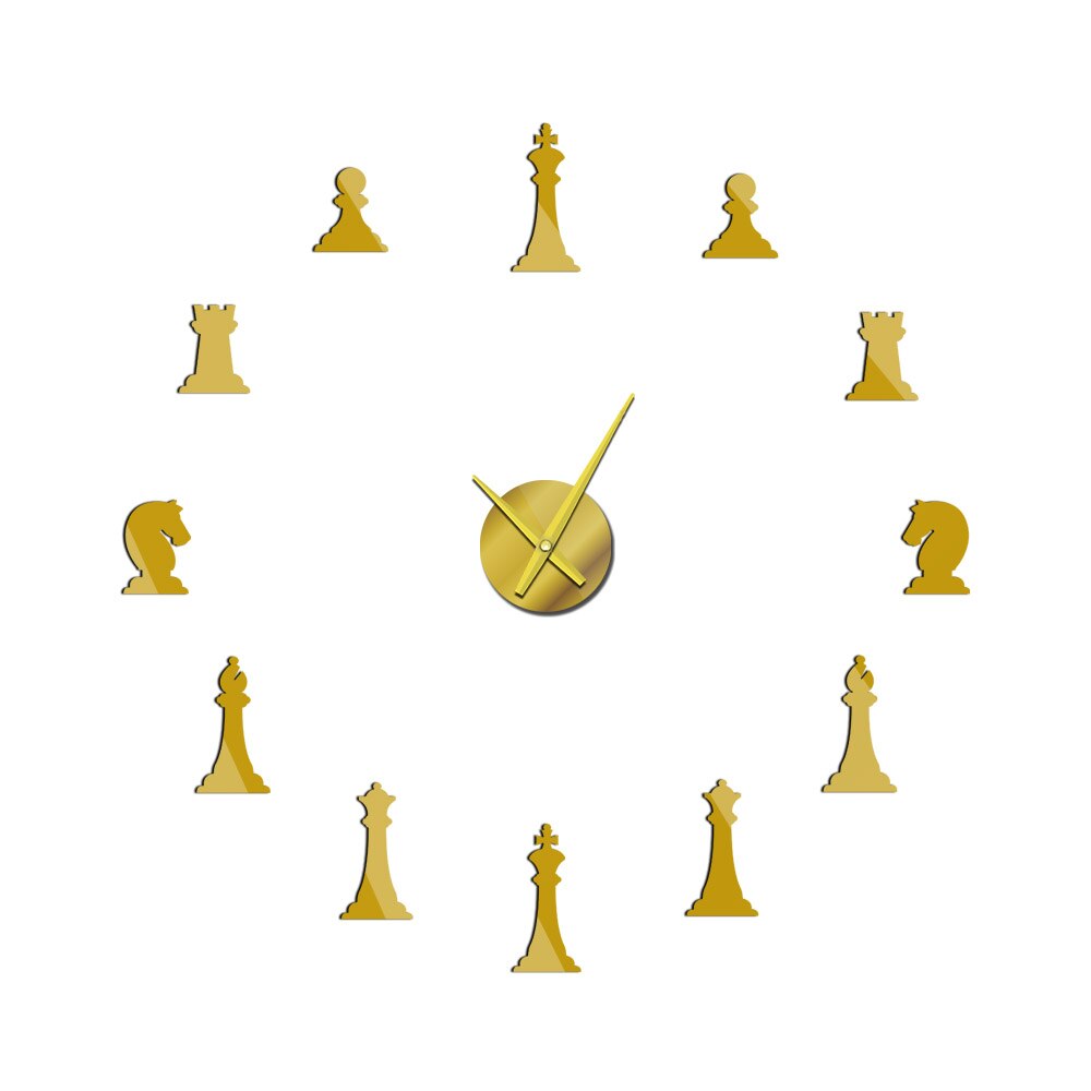 Chess Game DIY Giant Wall Clock King Bishop Knight Pawn Parlor Watch Acrylic Mirror Effect Chessman Chess Player Saat: Gold / 12  inch