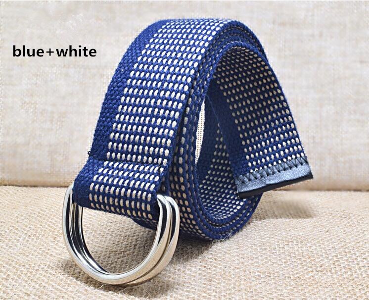 Buitensport casual canvas riem dubbele ringen gesp casual unisex casual canvas tailleband luxe merk: Blauw wit