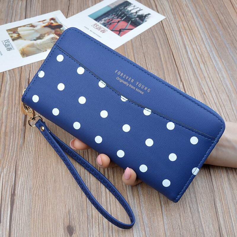 Women's Wallets Women's Long Zippers Korean Student Polka Dot Wallets Large Capacity Hand Bag Soft Wallets: Blue