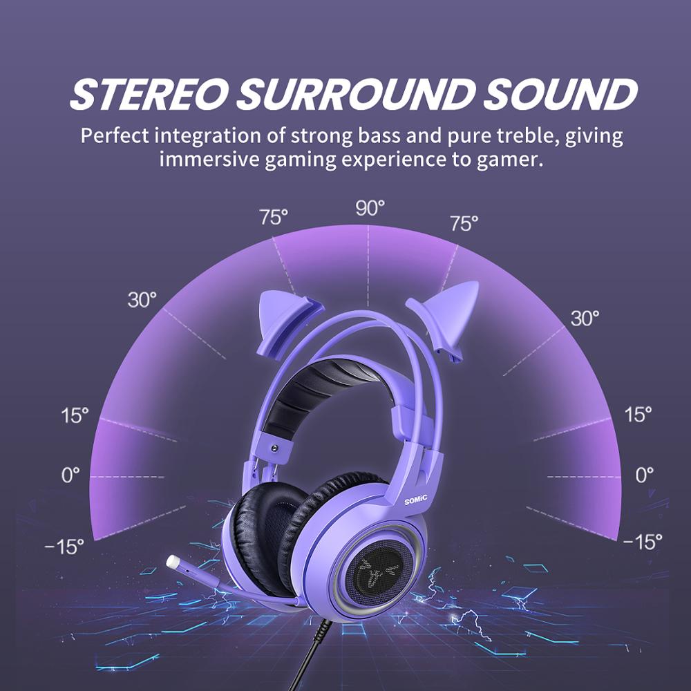 SOMIC Katze Ohr Kopfhörer 3,5 MM Spielen Headset mit Mic Lärm die Ermäßigung Stereo für PS4 PC Telefon Abnehmbare Frauen g951S Lila