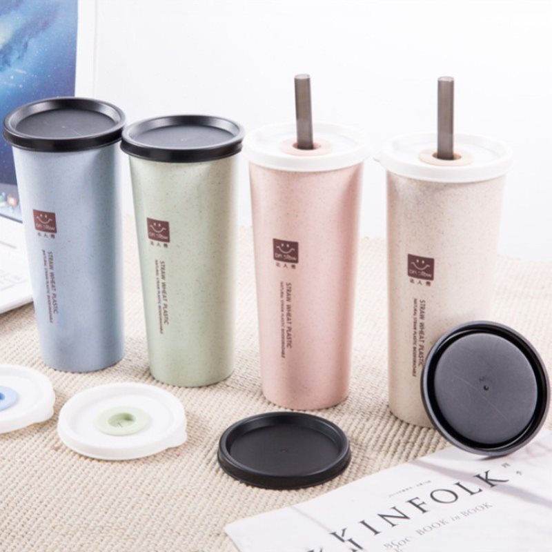 Cup Water Cup with Straws Double Lid Portable Hand Cup Wheat Straw Cola Coffee Plastic Travel Cup Drinking Cup Home Office