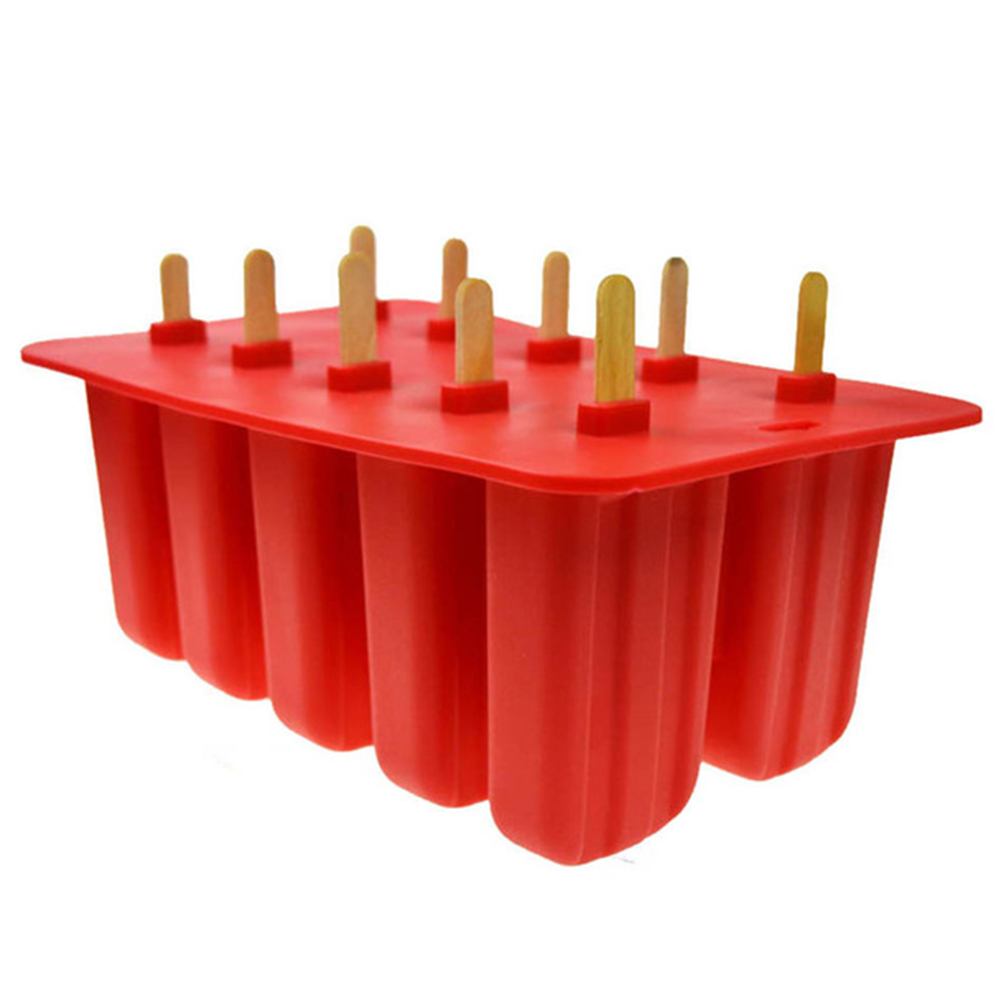 Household 10 Grids Ice Cream Tub Maker Tray With 50pcs Sticks Food Grade Silicone Fridge Shaping Mold: Red