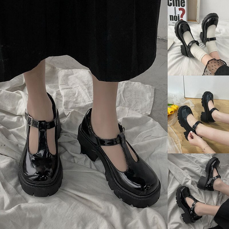 Sorte høje hæle sko kvinder pumps lak platform sko kvinde rund tå mary sko botas mujer