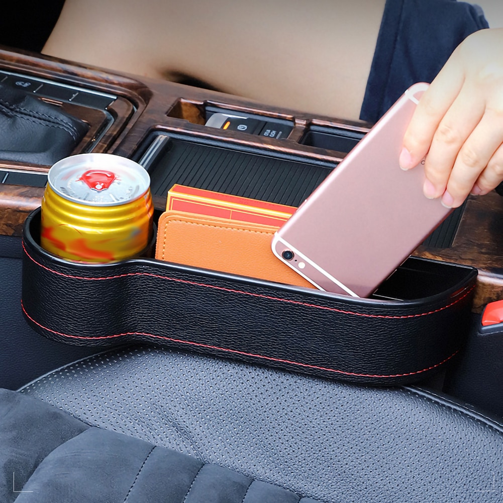 Organizador para espacio de asiento de coche con hendidura, receptor de bolsillo, caja de almacenamiento de cuero PU, soporte para botellas de teléfono, accesorios para interior de coche
