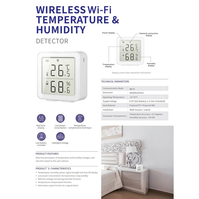 Temperatur und Feuchtigkeit Detektor, Wifi Drahtlose Temperatur und Feuchtigkeit Sensor, Unterstützung Tuya Smart Verknüpfung, für Büro