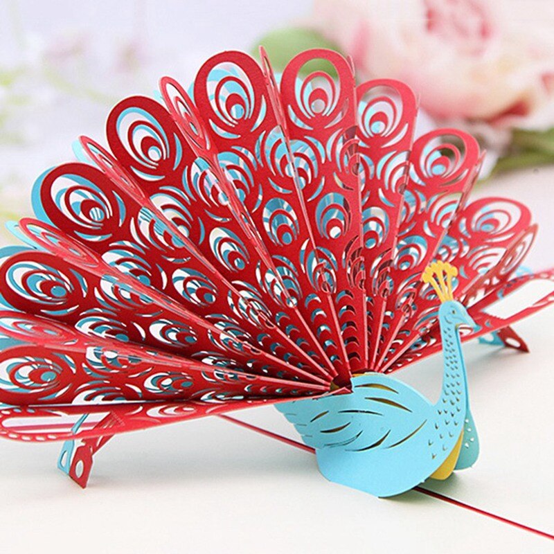 3D Peacock up Birthday Card for Wife Husband Kids Valentine Day Graduation Mother's Day Card Greeting Card (Red)