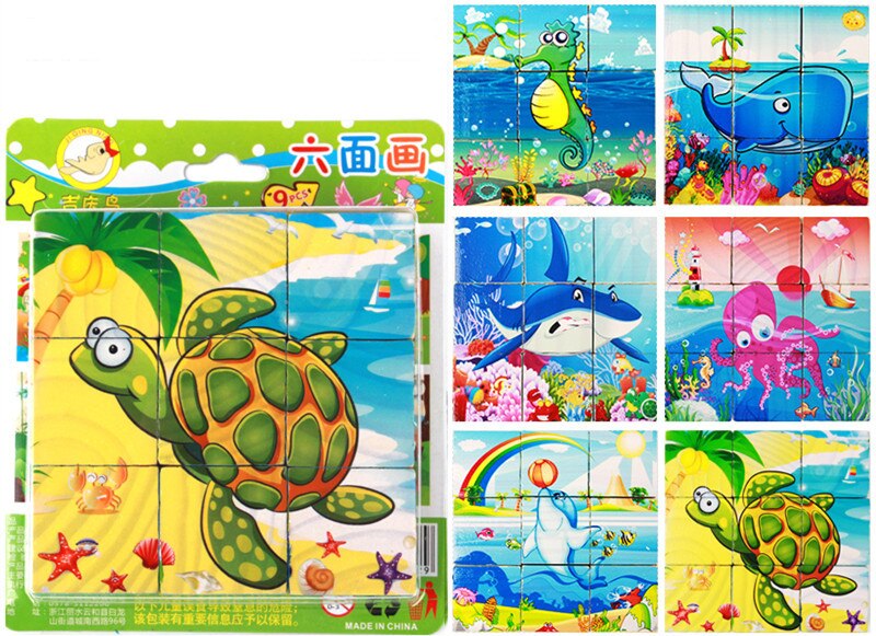 1PC Kinder Cartoon Holz Neun Blöcke Sechs-seitige Weisheit 3D Tier Würfel Puzzle Spielzeug für Kinder Bildungs baby Spielzeug: marine life