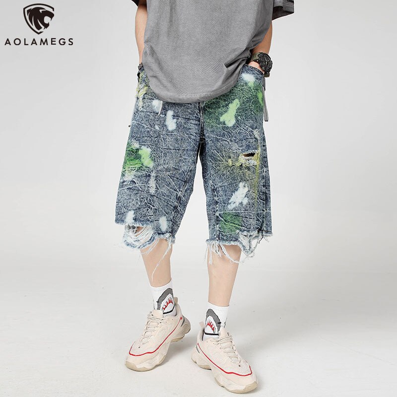 Aolamegs Men's Shorts Street Graffiti Tearing Hole Denim Shorts Men Straight Knee-length Shorts High Street Style men clothing